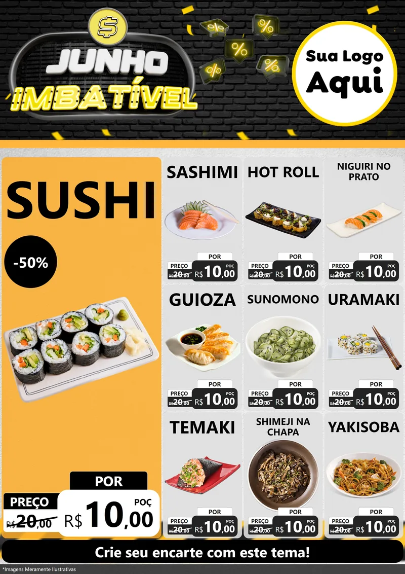 Modelo de Encarte para Encarte A4 Vertical com o tema Junho Imbatível para Comida japonesa