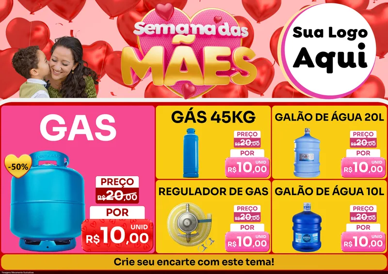 Modelo de Encarte para Encarte A4 Horizontal com o tema Semana Das Mães para Água e gás