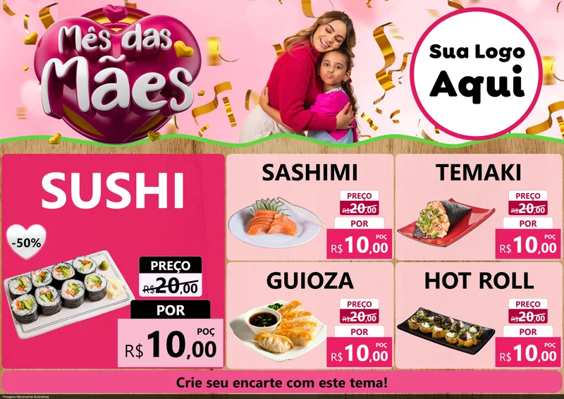 Modelo de Encarte para Encarte A4 Horizontal com o tema Mês das Mães para Comida japonesa