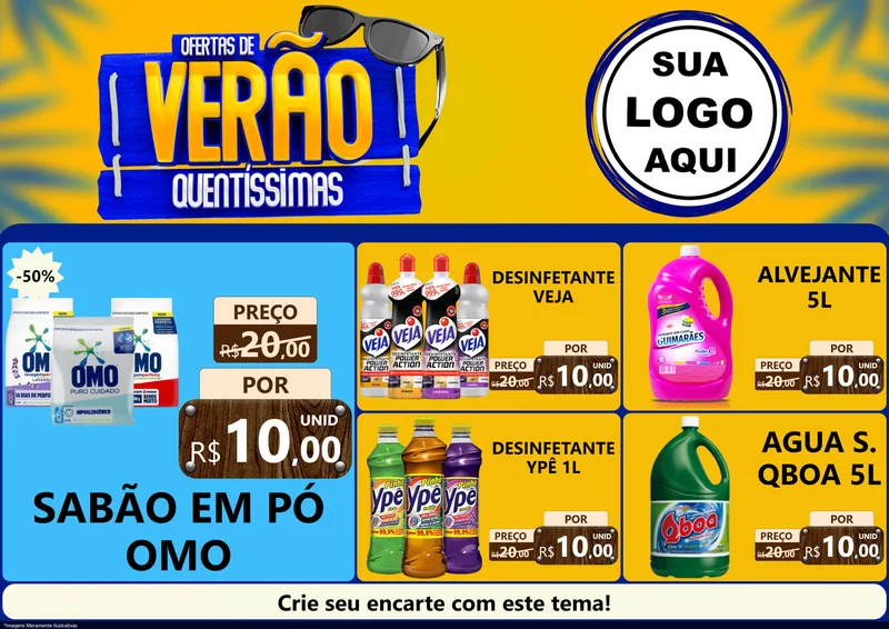 Modelo de Encarte para Encarte A4 Horizontal com o tema Ofertas de Verão Quentíssimas para Produtos de Limpeza