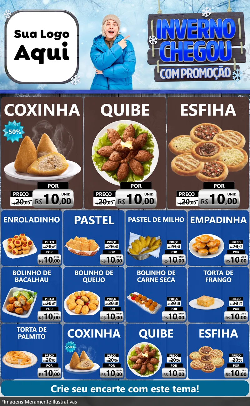 Modelo de Encarte para Encarte Grande com o tema Inverno Chegou Com Promoção para Salgadaria