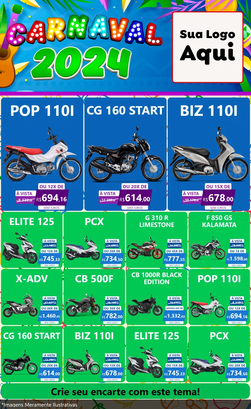 Modelo de Encarte para Encarte Grande com o tema Carnaval 2027 para Concessionaria de Motos