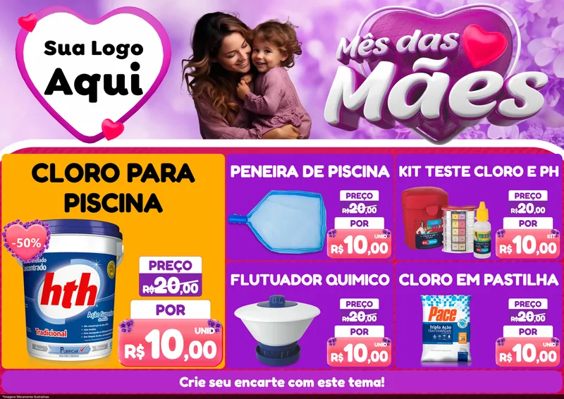 Modelo de Encarte para Encarte A4 Horizontal com o tema Mês das Mães para Produtos para Piscina