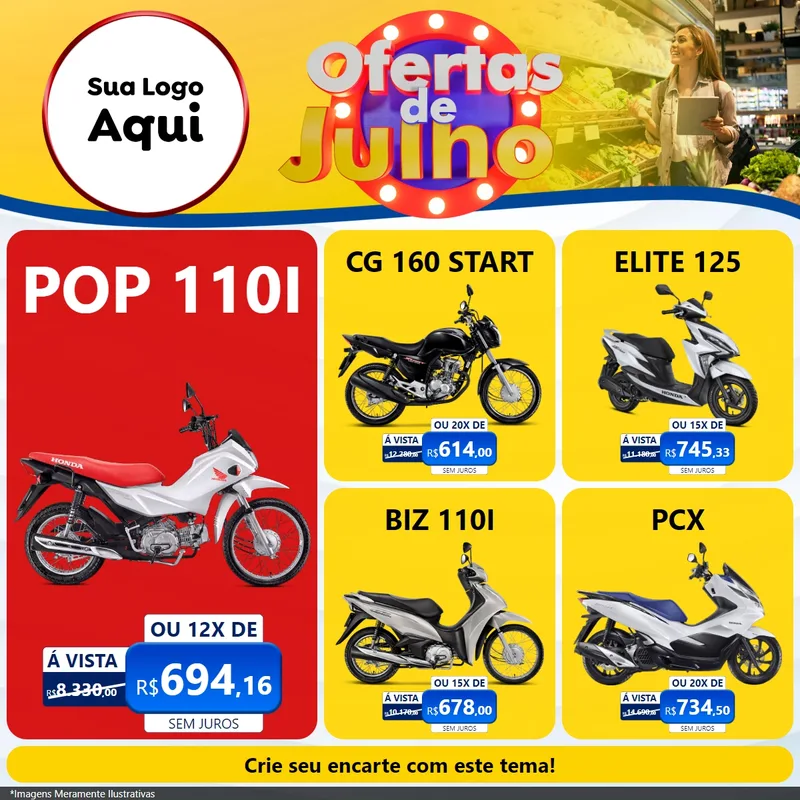 Modelo de Rede Social para Feed Facebook com o tema Ofertas de Julho para Concessionaria de Motos