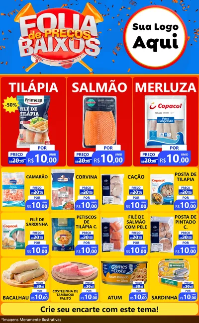 Modelo de Encarte para Encarte Grande com o tema Folia de Preços Baixos para Peixaria