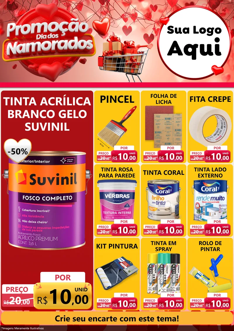 Modelo de Encarte para Encarte A4 Vertical com o tema Promoção Dia dos Namorados para Tintas e Ferramentas