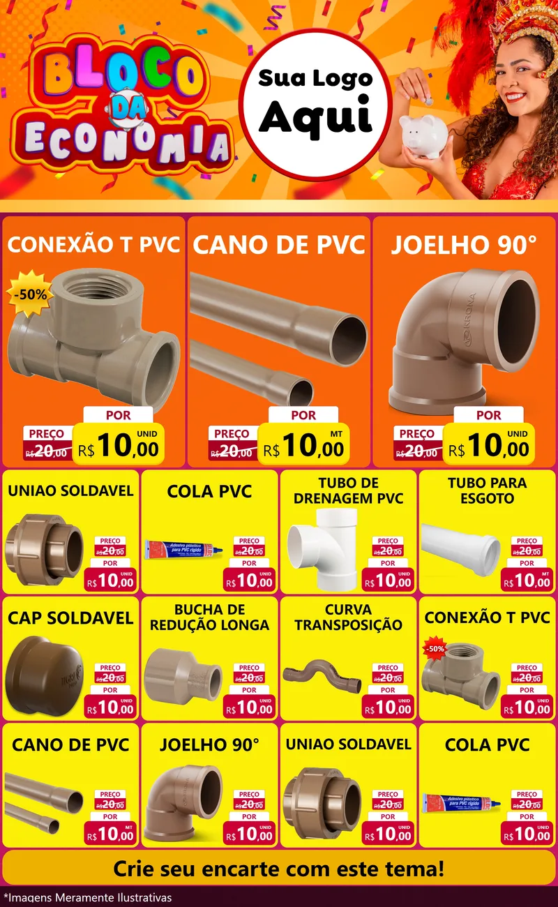 Modelo de Encarte para Encarte Grande com o tema Bloco da Economia para Tubos e conexões