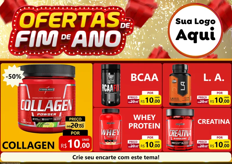 Modelo de Encarte para Encarte A4 Horizontal com o tema Ofertas de Fim de Ano para Suplementos alimentares