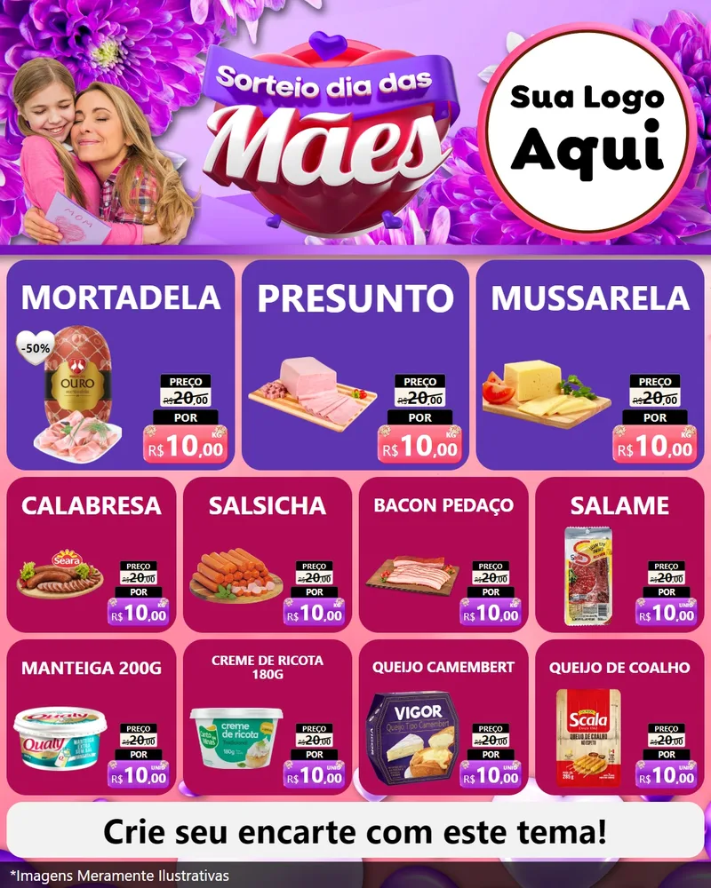 Modelo de Rede Social para Feed Instagram com o tema Sorteio Dia das Mães para Frios e Laticínios