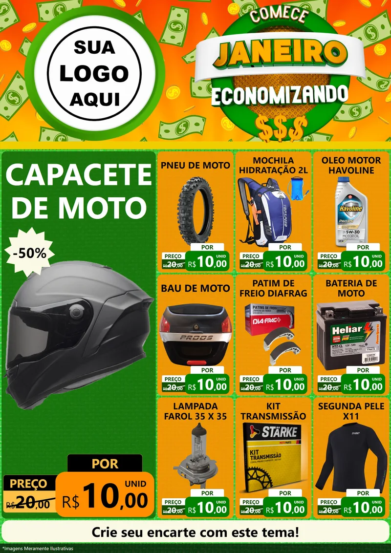 Modelo de Encarte para Encarte A4 Vertical com o tema Comece Janeiro Economizando para Moto peças