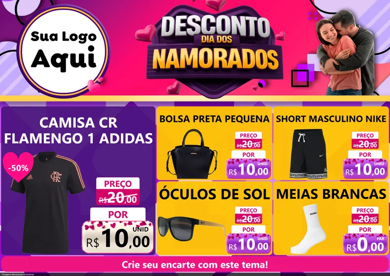 Modelo de Encarte para Encarte A4 Horizontal com o tema Desconto Dia dos Namorados para Roupas e acessórios
