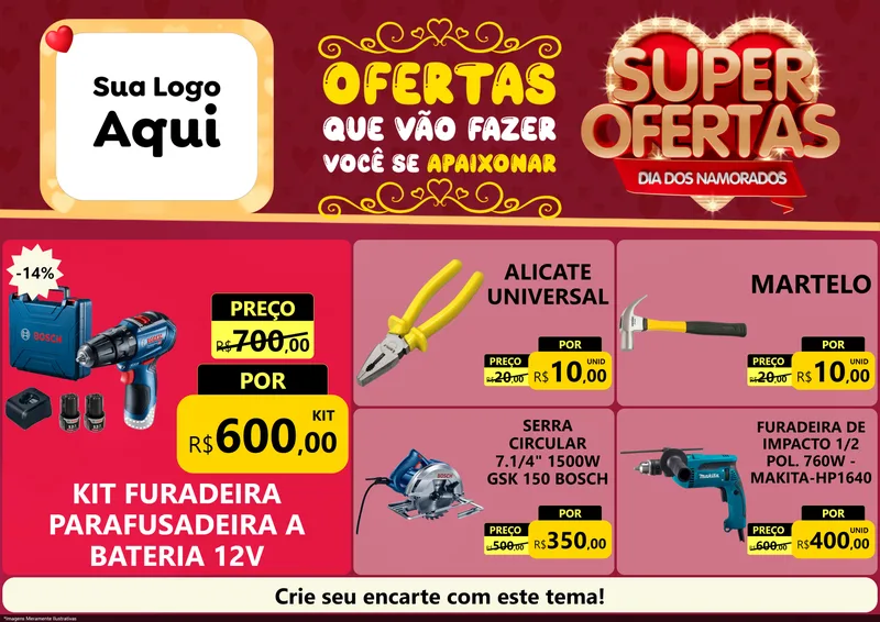 Modelo de Encarte para Encarte A4 Horizontal com o tema Dia dos Namorados para Maquinas e Ferramentas