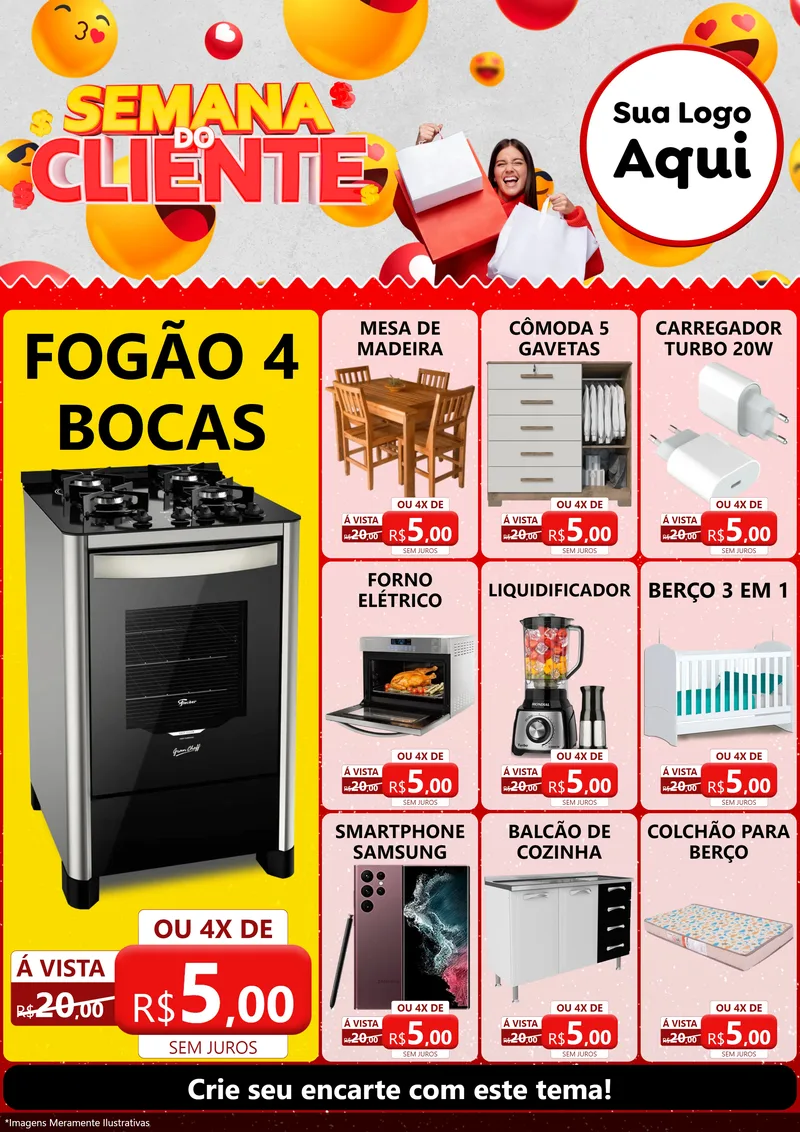 Modelo de Encarte para Encarte A4 Vertical com o tema Semana do Cliente para Móveis e Eletro