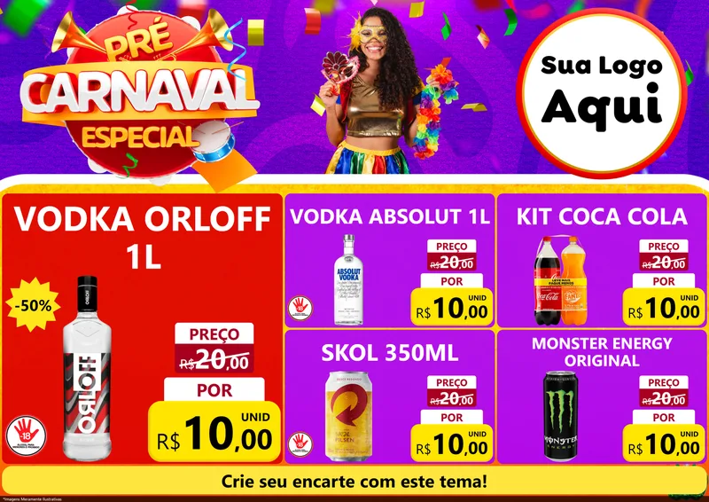 Modelo de Encarte para Encarte A4 Horizontal com o tema Pré-Carnaval Especial para Distribuidora de bebidas