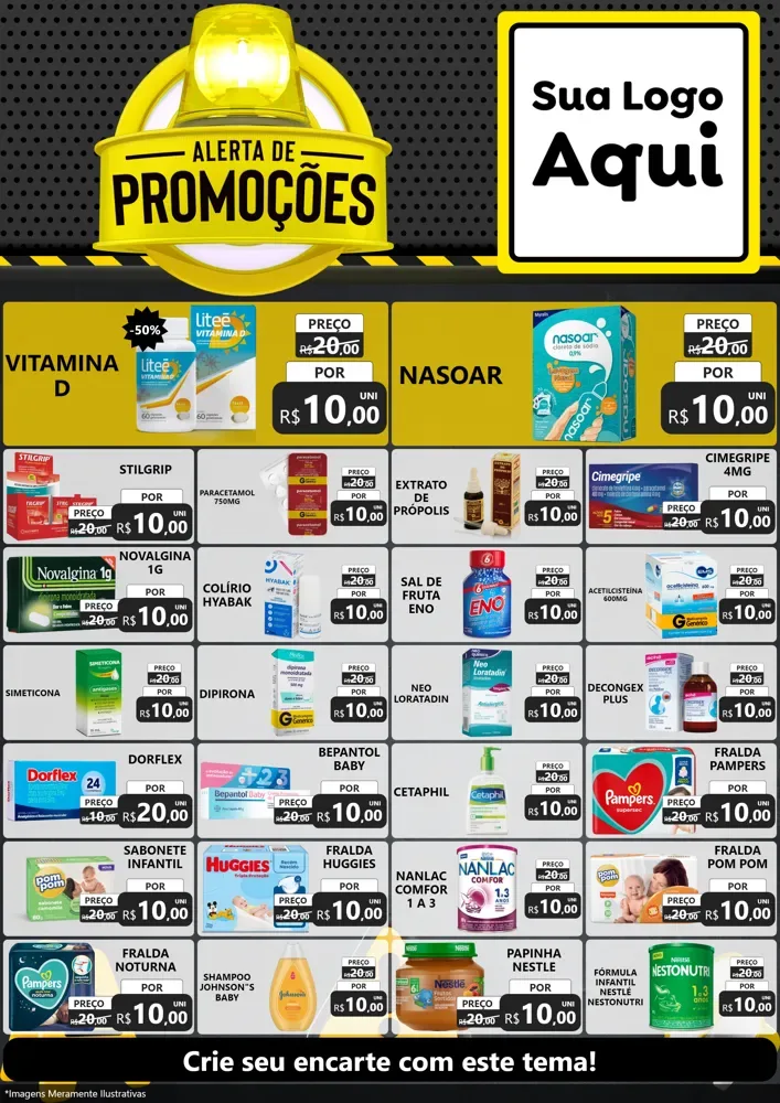 Modelo de Encarte para Encarte A4 Vertical com o tema Alerta de Promoções para Farmácia