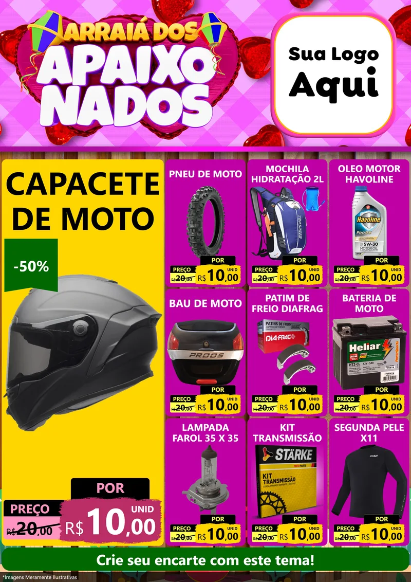 Modelo de Encarte para Encarte A4 Vertical com o tema Arraiá dos Apaixonados para Moto peças