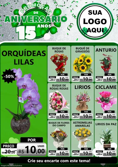 Modelo de Encarte para Encarte A4 Vertical com o tema Promoção de Aniversário - 15 Anos para Floricultura e jardim