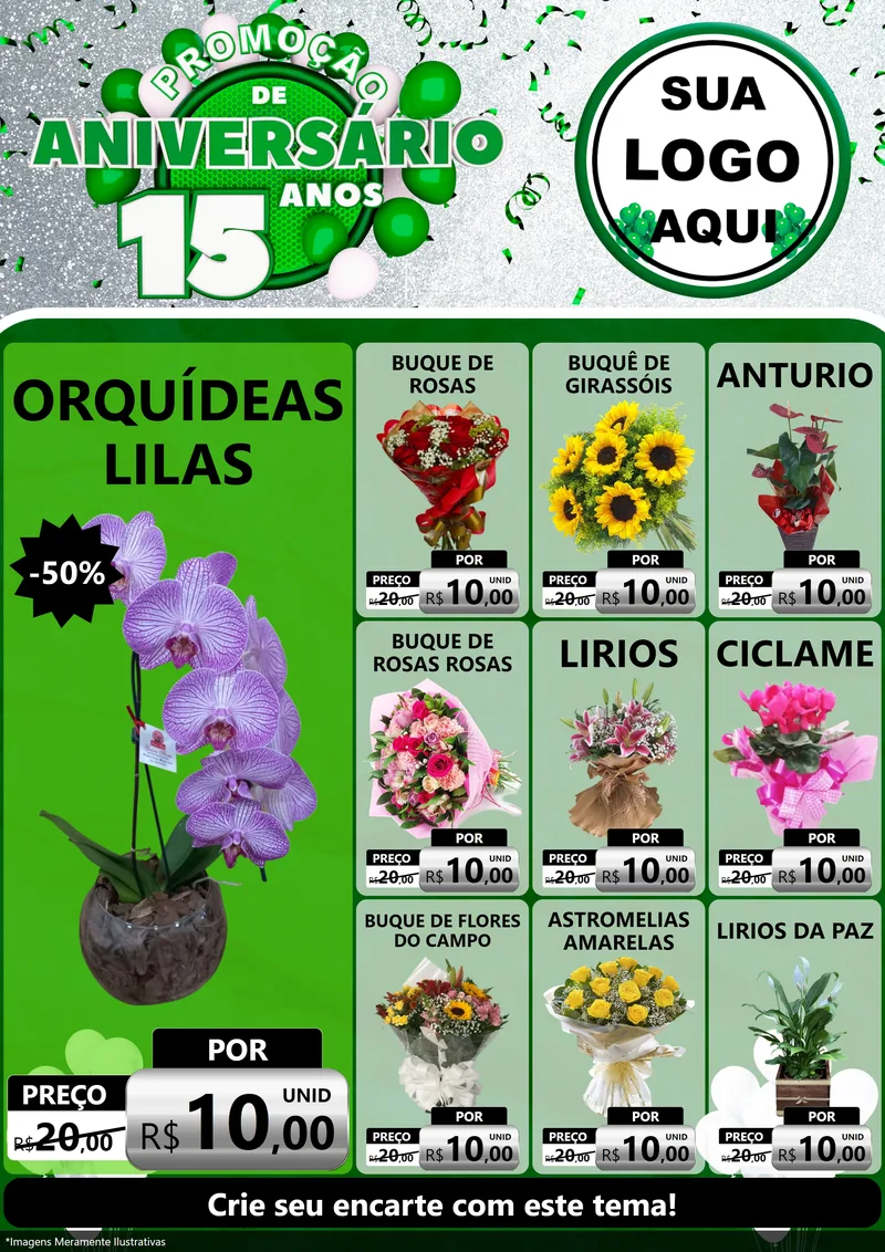 Modelo de Encarte para Encarte A4 Vertical com o tema Promoção de Aniversário - 15 Anos para Floricultura e jardim
