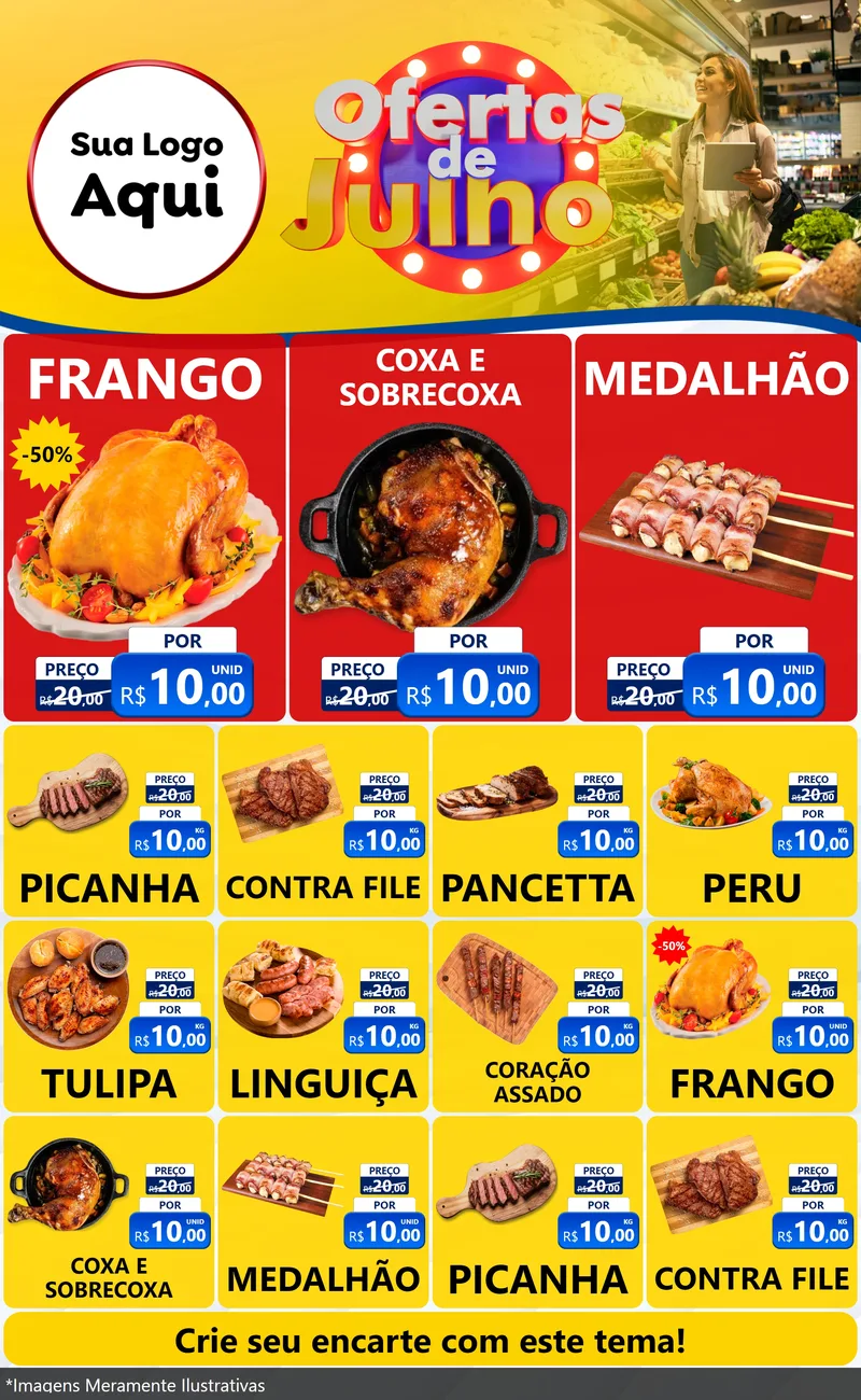 Modelo de Encarte para Encarte Grande com o tema Ofertas de Julho para Assados