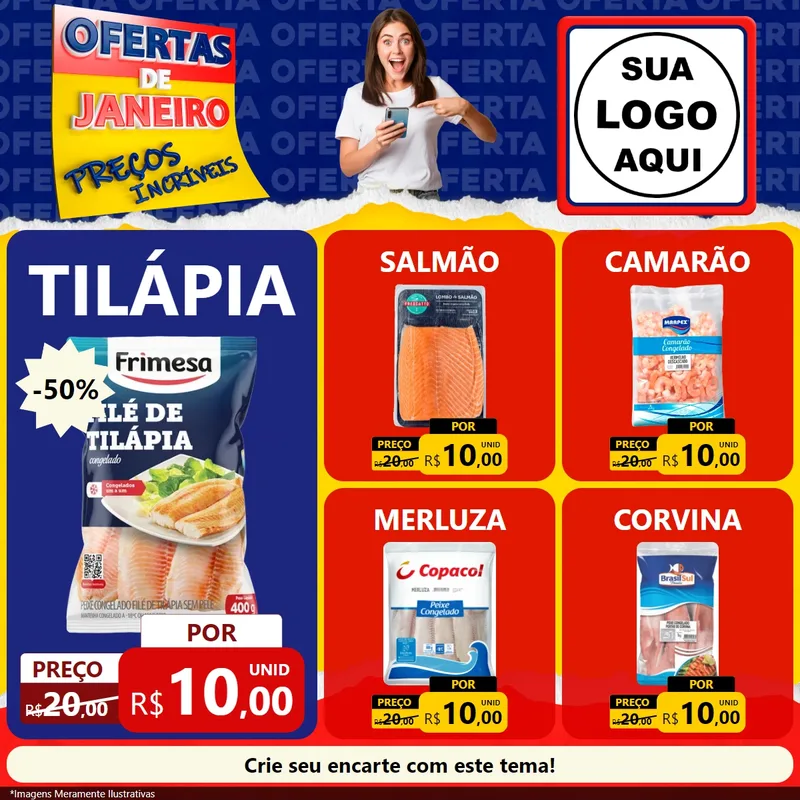 Modelo de Rede Social para Feed Facebook com o tema Ofertas de Janeiro - Preços Incríveis para Peixaria