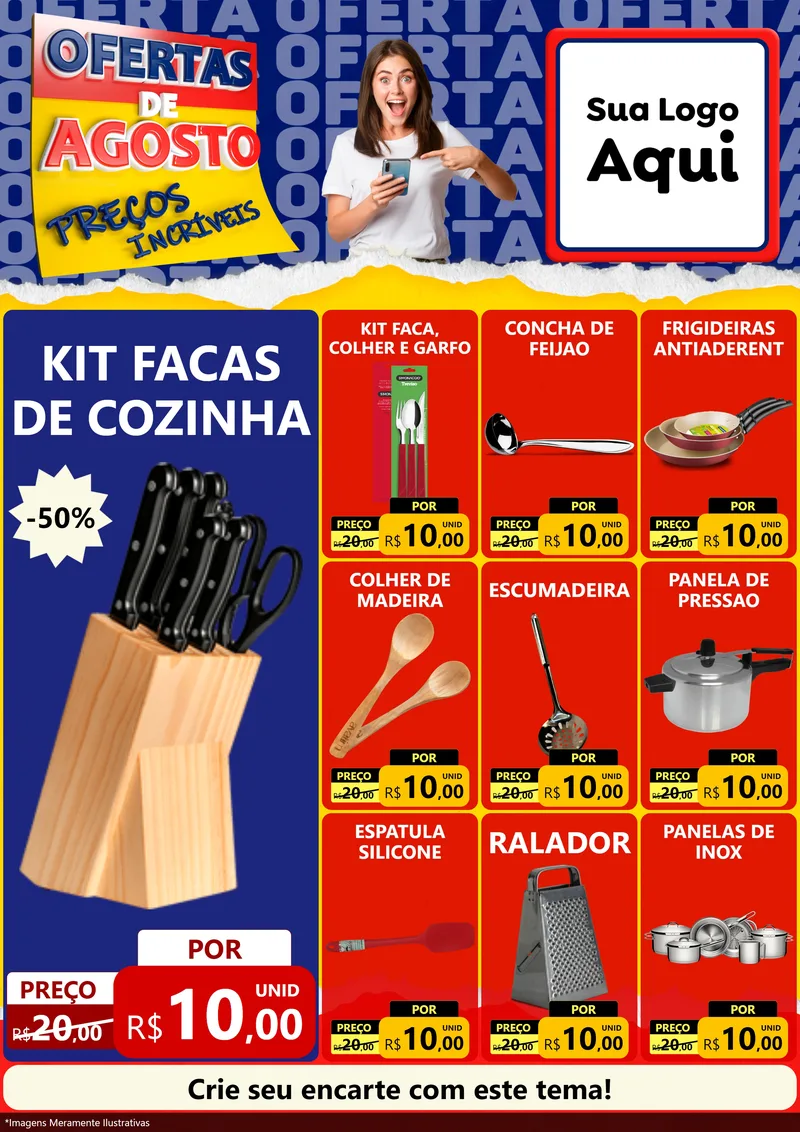 Modelo de Encarte para Encarte A4 Vertical com o tema Ofertas de Agosto - Preços Incríveis para Utilidades Domésticas