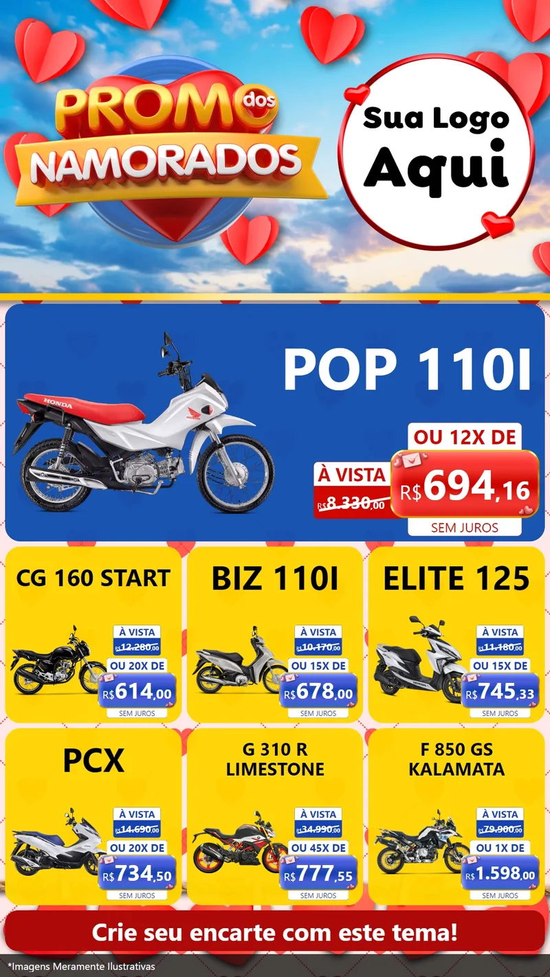 Modelo de Rede Social para Stories com o tema Promo dos Namorados para Concessionaria de Motos