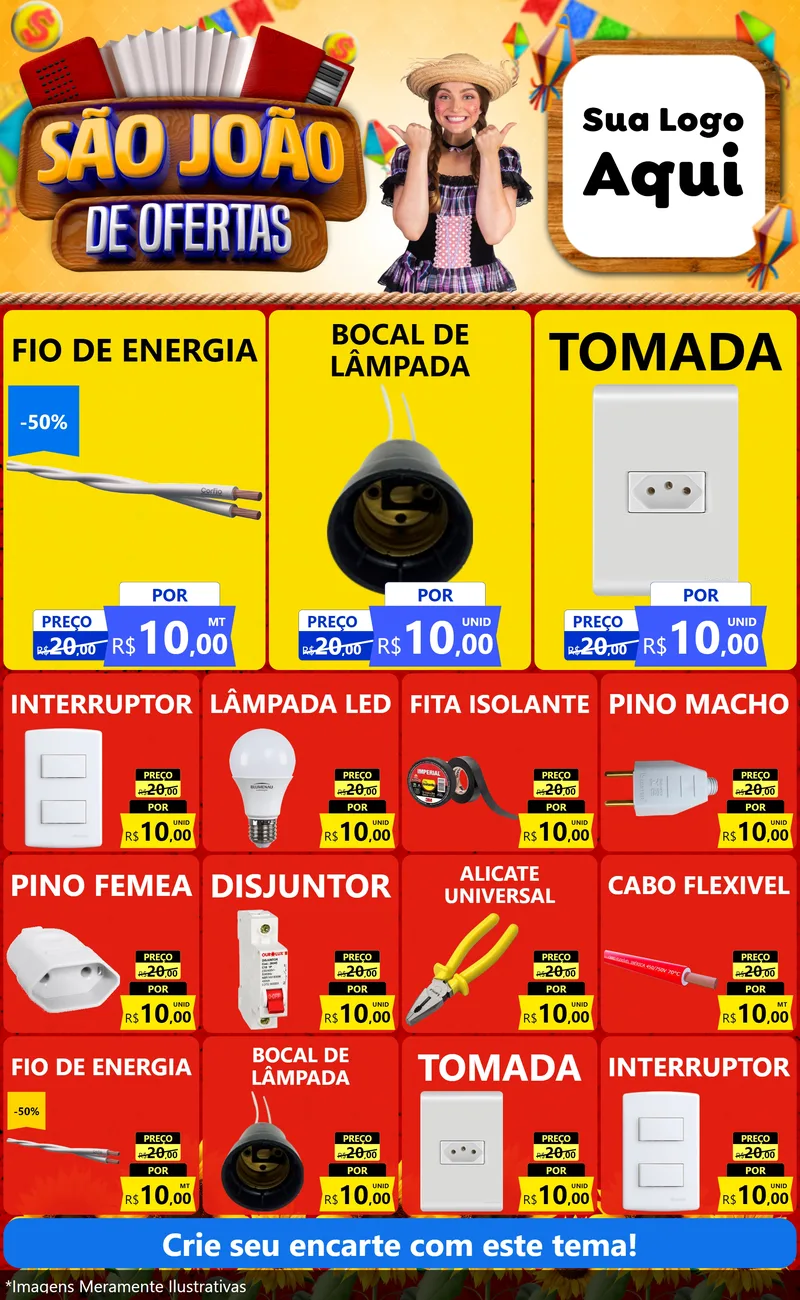 Modelo de Encarte para Encarte Grande com o tema São João de Ofertas para Materiais Elétricos
