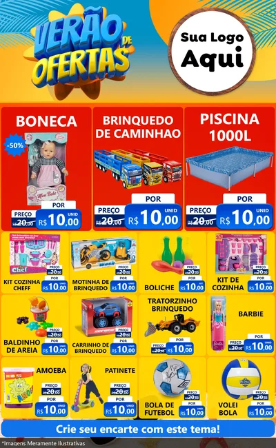 Modelo de Encarte para Encarte Grande com o tema Verão de Ofertas para Brinquedos
