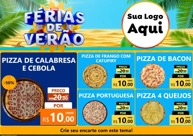 Modelo de Encarte para Encarte A4 Horizontal com o tema Férias de Verão para Pizzaria