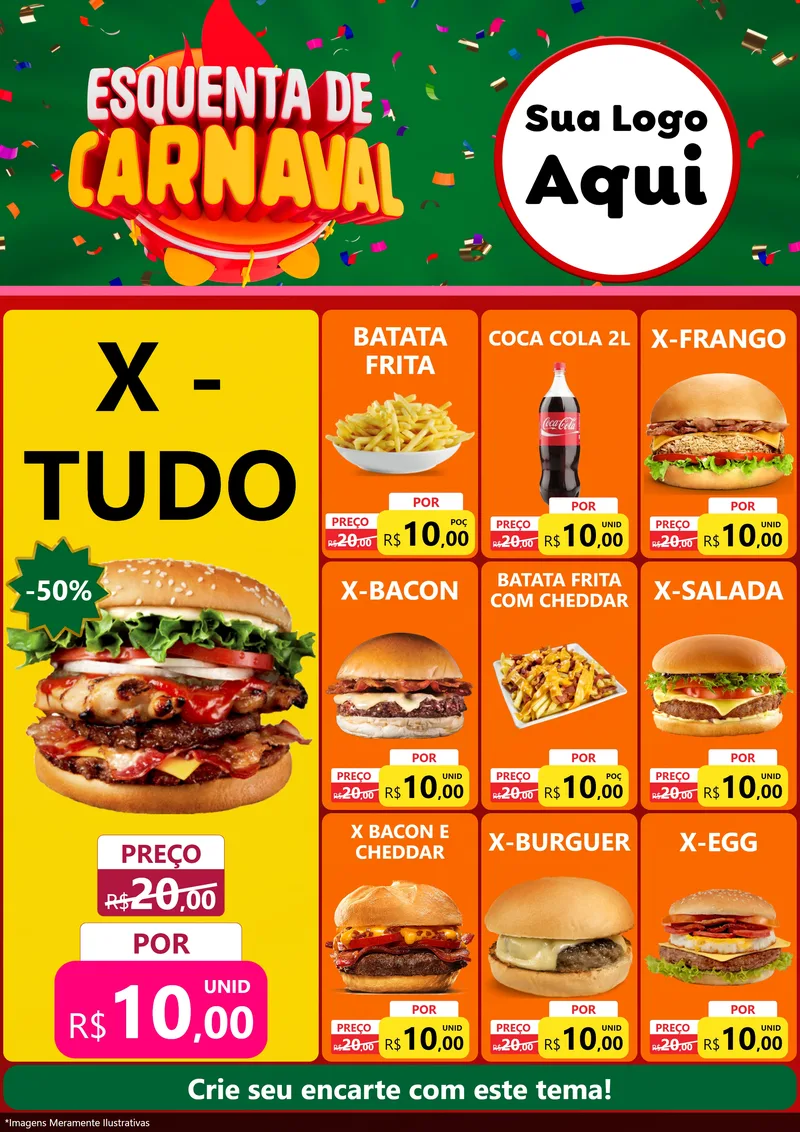 Modelo de Encarte para Encarte A4 Vertical com o tema Esquenta de Carnaval para Hamburgueria