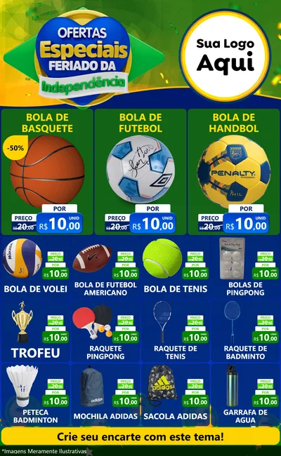 Modelo de Encarte para Encarte Grande com o tema Ofertas Especiais Feriado da Independência para Artigos Esportivos