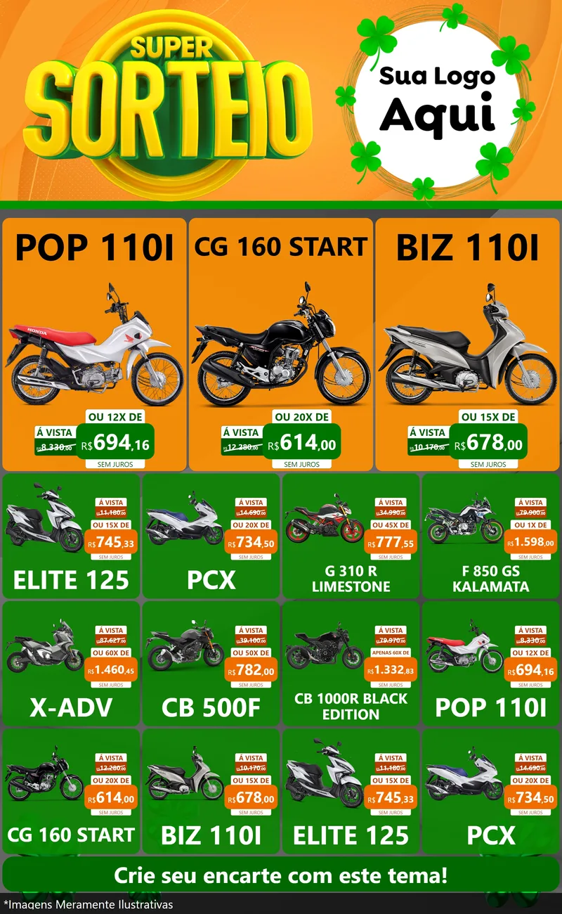 Modelo de Encarte para Encarte Grande com o tema Super Sorteio para Concessionaria de Motos