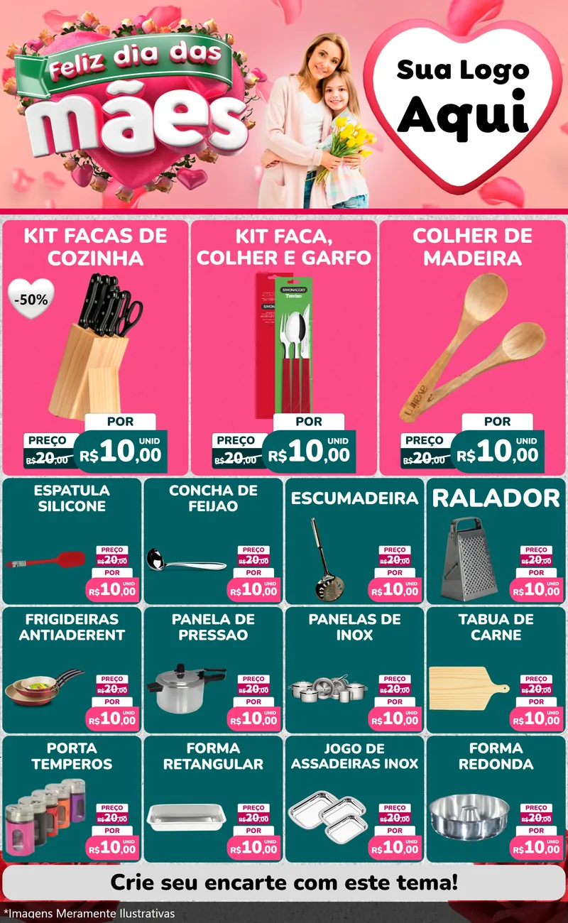 Modelo de Encarte para Encarte Grande com o tema Feliz Dia das Mães para Utilidades Domésticas