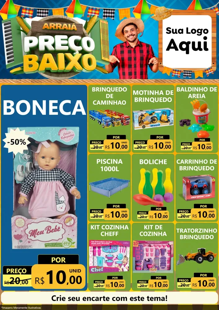 Modelo de Encarte para Encarte A4 Vertical com o tema Arraiá de Preço Baixo - Junina para Brinquedos