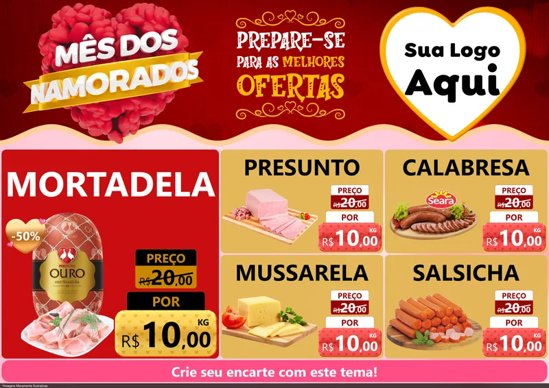 Modelo de Encarte para Encarte A4 Horizontal com o tema Mês dos Namorados para Frios e Laticínios
