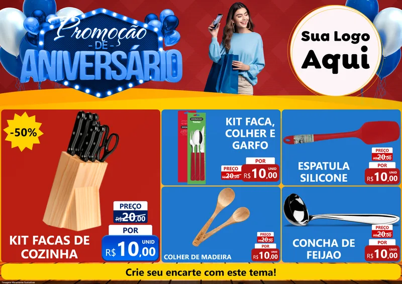Modelo de Encarte para Encarte A4 Horizontal com o tema Promoção de Aniversário para Utilidades Domésticas