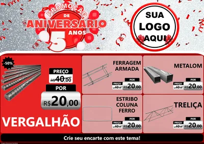 Modelo de Encarte para Encarte A4 Horizontal com o tema Promoção de Aniversário - 5 Anos para Ferragens