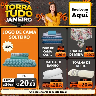 Modelo de Rede Social para Feed Facebook com o tema Torra Tudo Janeiro para Cama, Mesa e Banho