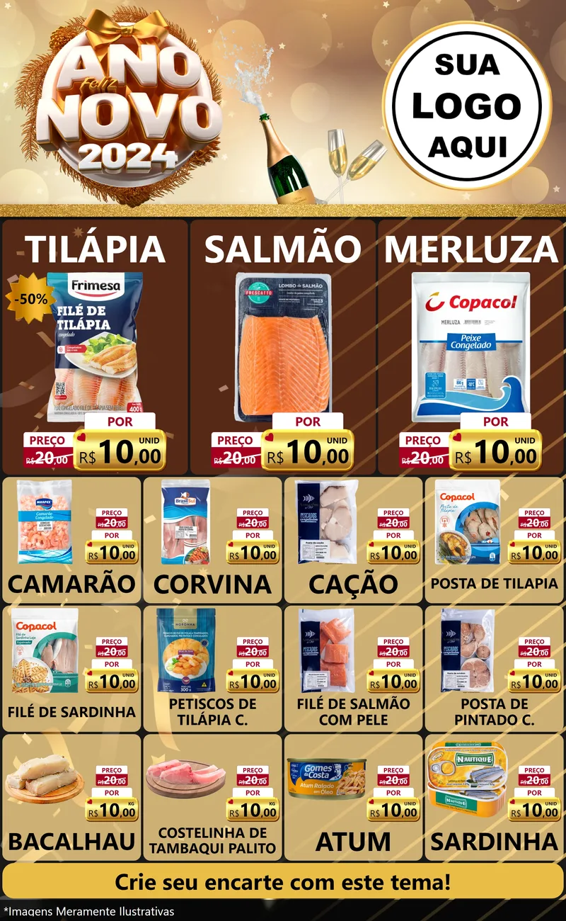 Modelo de Encarte para Encarte Grande com o tema Feliz Ano Novo 2027 para Peixaria