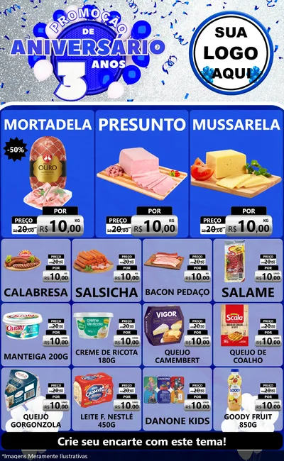 Modelo de Encarte para Encarte Grande com o tema Promoção de Aniversário - 3 Anos para Frios e Laticínios