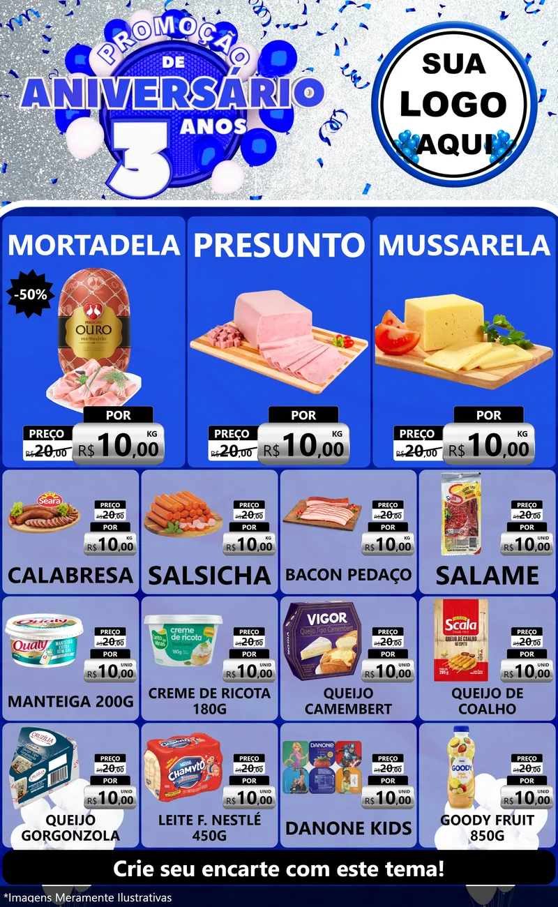 Modelo de Encarte para Encarte Grande com o tema Promoção de Aniversário - 3 Anos para Frios e Laticínios