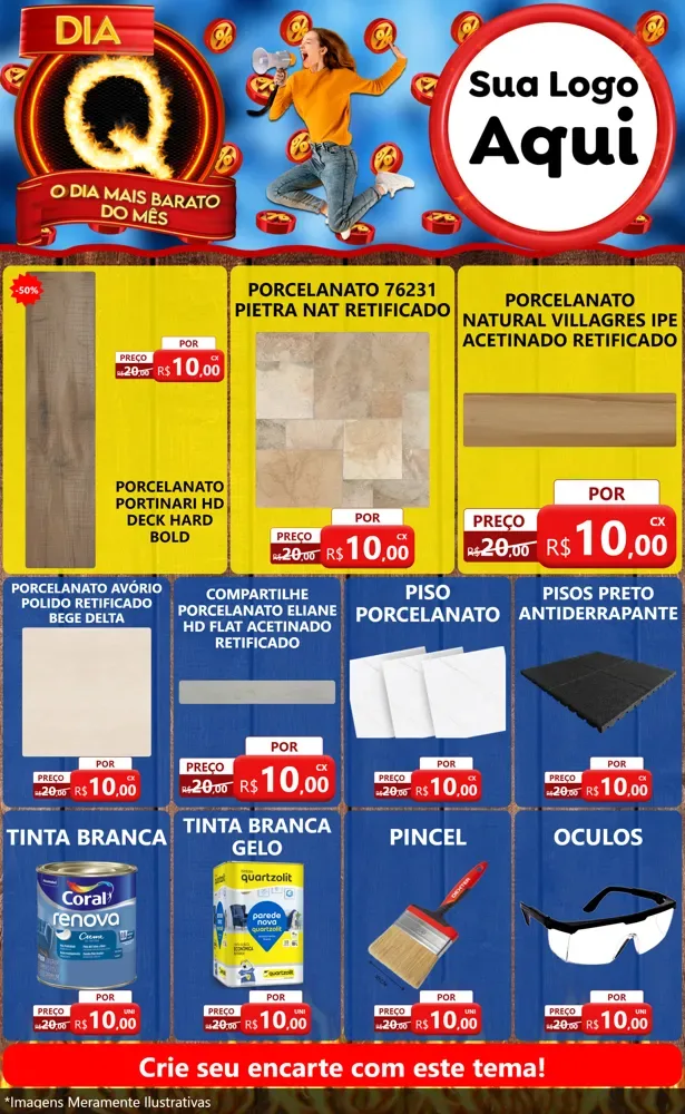 Modelo de Encarte para Encarte Grande com o tema Dia Q - O Dia Mais Barato Do Mês para Pisos e revestimentos