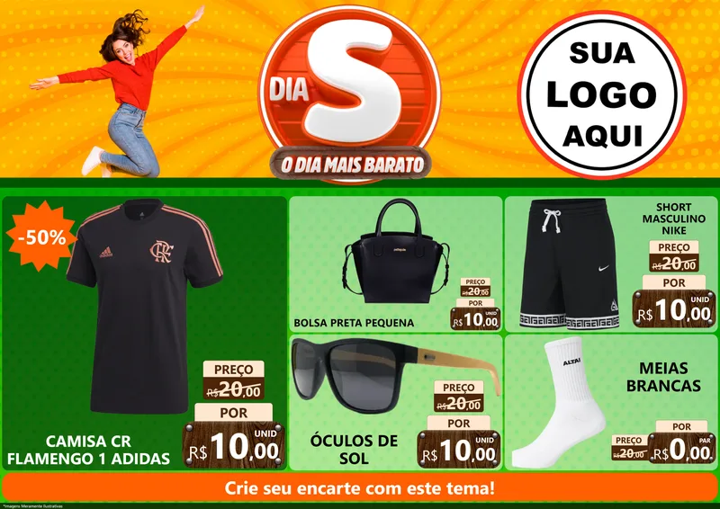 Modelo de Encarte para Encarte A4 Horizontal com o tema Dia S - O Dia Mais Barato para Roupas e acessórios