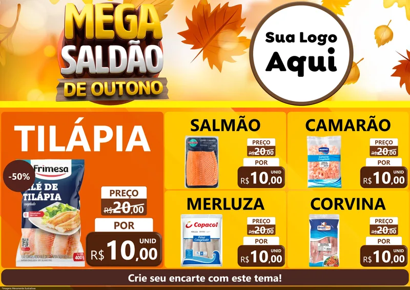 Modelo de Encarte para Encarte A4 Horizontal com o tema Mega Saldão de Outono para Peixaria