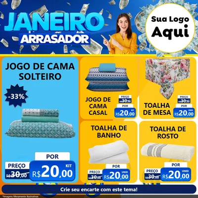 Modelo de Rede Social para Feed Facebook com o tema Janeiro Arrasador para Cama, Mesa e Banho