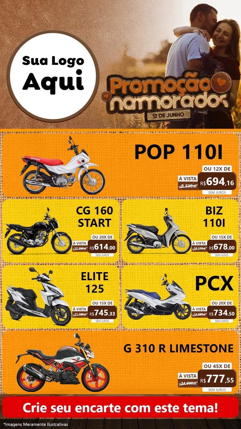 Modelo de TV para TV Vertical com o tema Promoção Namorados para Concessionaria de Motos