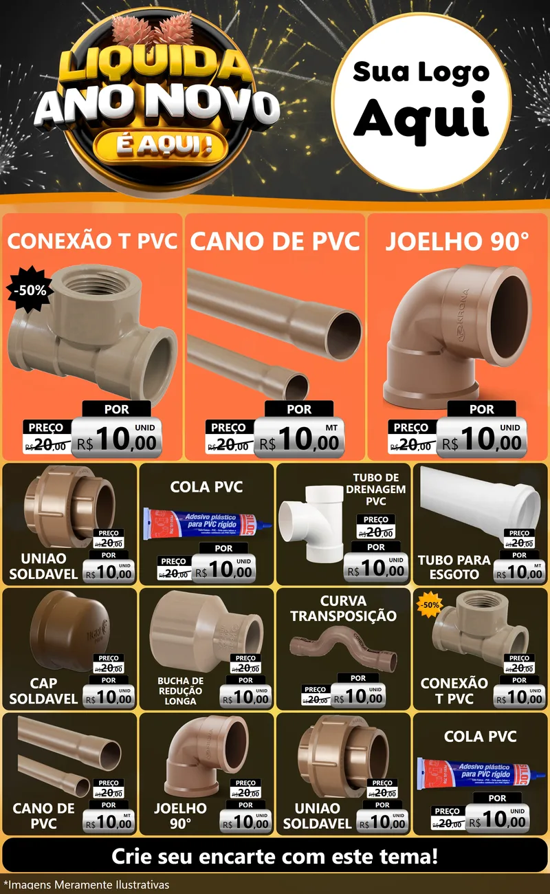 Modelo de Encarte para Encarte Grande com o tema Liquida Ano Novo É Aqui! para Tubos e conexões