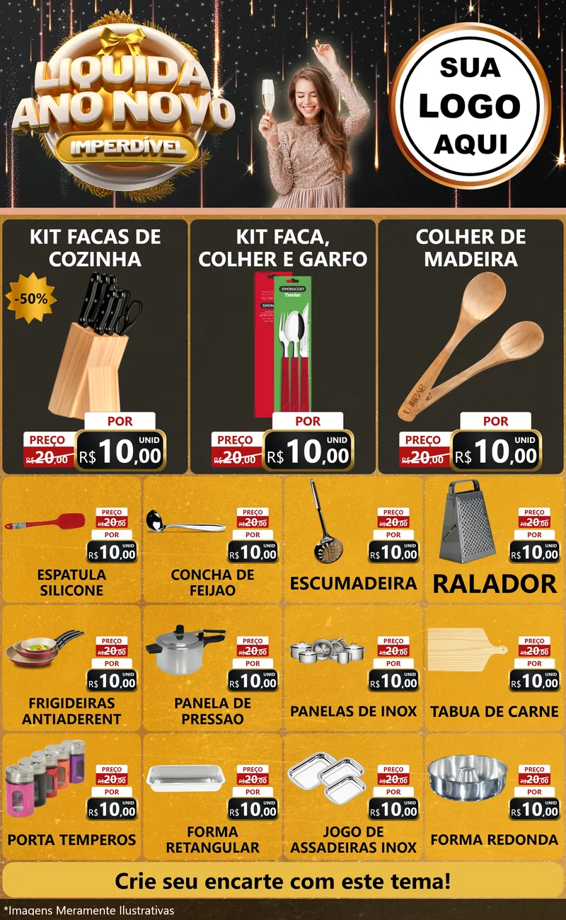 Modelo de Encarte para Encarte Grande com o tema Liquida Ano Novo Imperdível para Utilidades Domésticas