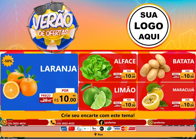Modelo de Encarte para Encarte A4 Horizontal com o tema Verão de Ofertas para Hortifrúti