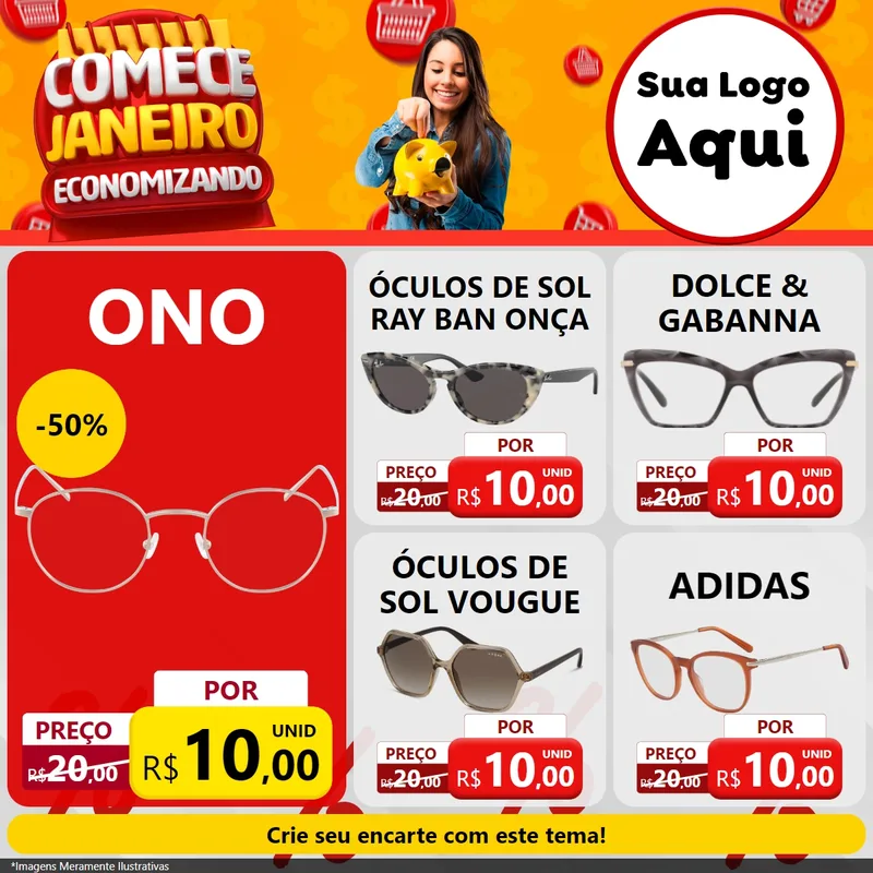 Modelo de Rede Social para Feed Facebook com o tema Comece Janeiro Economizando para Óticas